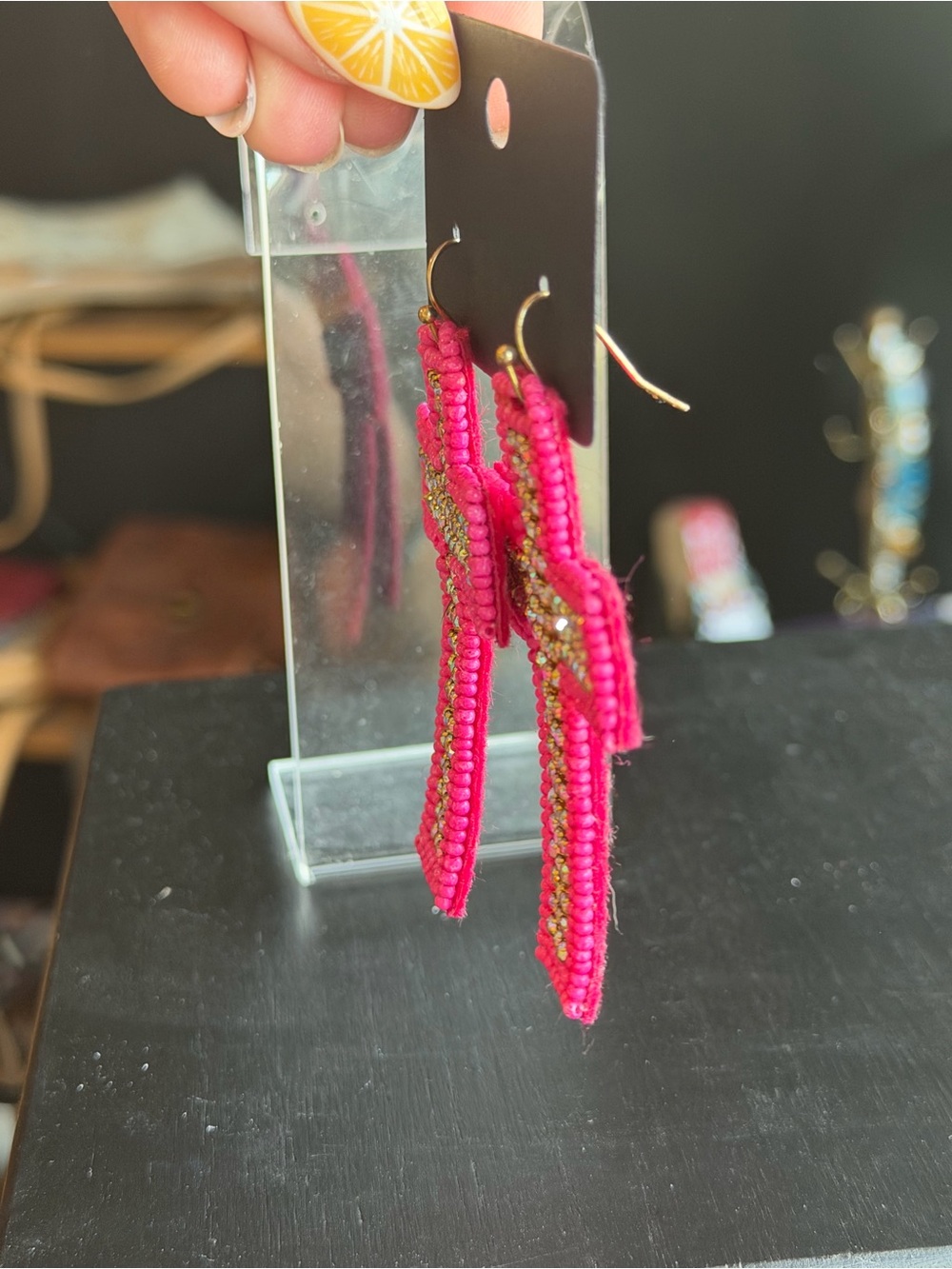 Pink Beaded Cross Earrings with Rhinestone Accent - Picture 3 of 4